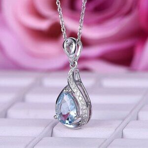 🌸 Elegant Water Drop Zircon Light Blue Hollow Silver Plated Necklace, EV…